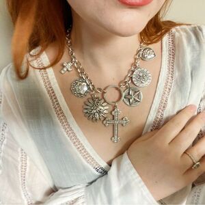 Silver Y2K Chunky Bling Necklace:Rodeo/Western/Biker/Star Cross 2000s Charm